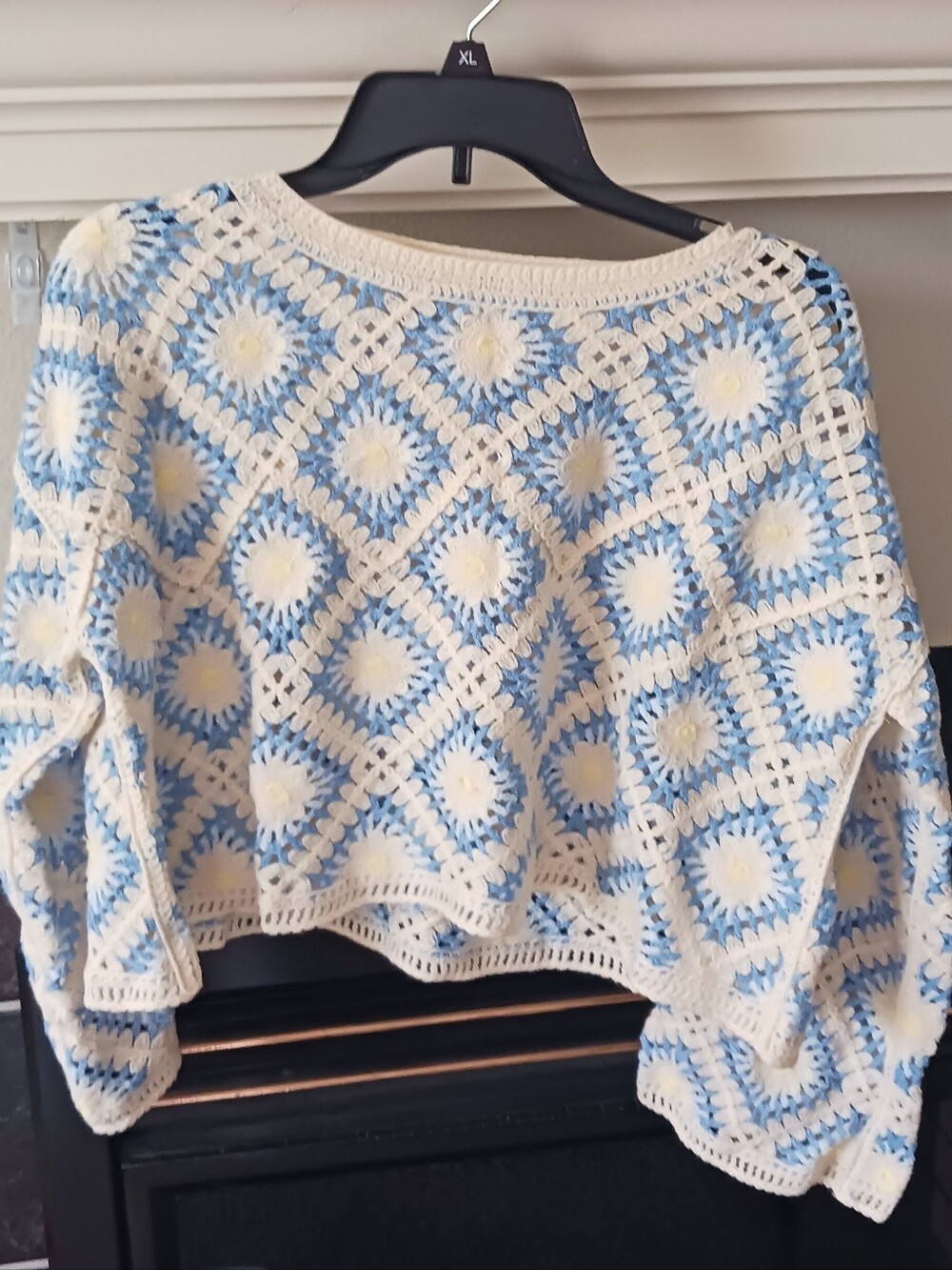 Crocheted Square Pullover - Cream & Light Blue
